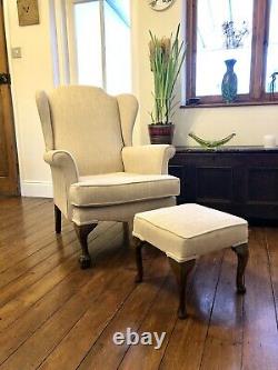 Antique Wingback Armchair And Footstool Fireside Chair Cream Fabric courier