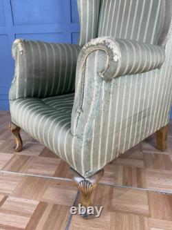 Antique Wingback Large Fireside Armchair Carved Shell Feet Re-Upholstery Project