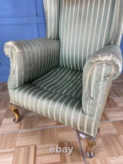 Antique Wingback Large Fireside Armchair Carved Shell Feet Re-Upholstery Project