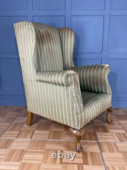 Antique Wingback Large Fireside Armchair Carved Shell Feet Re-Upholstery Project