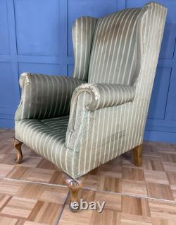 Antique Wingback Large Fireside Armchair Carved Shell Feet Re-Upholstery Project
