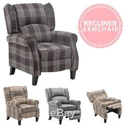 Anton Wing Back Fireside Check Fabric Recliner Armchair Home Lounge Sofa Chair