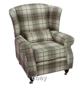 Arnold Fireside High Back Wing Armchair Devon Plaid Fudge Check Tweed Wool