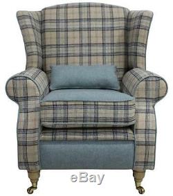 Arnold Fireside High Back Wing Armchair Wool Plaid Bamburgh Earth Eau De Nil