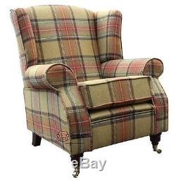 Arnold Fireside High Back Wing Chair Beningborough Goldcrest Tartan Tweed Wool
