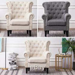 Artisdeo Wing Back Tub Chair Fabric Button Fireside Occasional Armchair Studs Uk