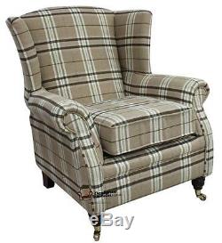 Ashley Fireside High Back Wing Armchair Balmoral Beige Green Check Fabric