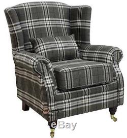 Ashley Fireside High Back Wing Armchair Balmoral Charcoal Check Fabric