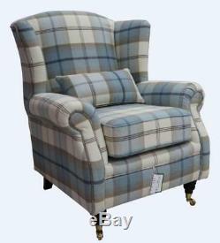 Ashley Wing Chair Fireside High Back Armchair Balmoral Sky Blue Check PS