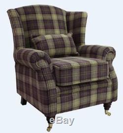 Ashley Wingback Armchair Fireside High Back Lana Purple Check Fabric