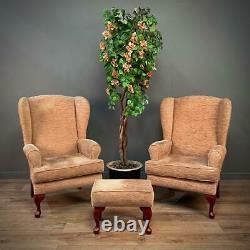 Attractive Pair Of Small Upholstered Beige Wing Back Fireside Armchairs & Stool