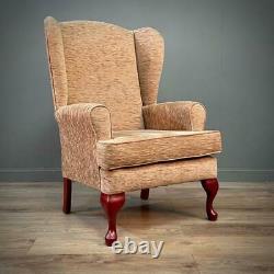 Attractive Pair Of Small Upholstered Beige Wing Back Fireside Armchairs & Stool