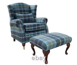 Azure Tartan Fireside Queen Anne High Back Fabric Wing Armchair + Footstool