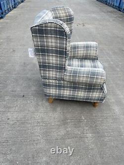Barker And Stonehouse Blue / Grey Tartan High Wingback Fireside Chair