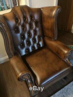 Beautiful Queen Anne Style Leather Fireside High Back Chesterfield Wing Chair