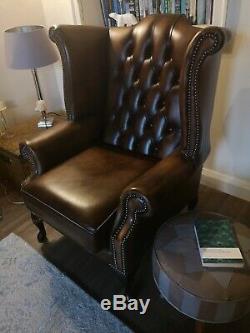 Beautiful Queen Anne Style Leather Fireside High Back Chesterfield Wing Chair
