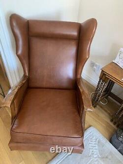 Beautiful Tan Leather Wing ArmChair Fireside Comfy