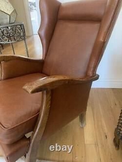 Beautiful Tan Leather Wing ArmChair Fireside Comfy