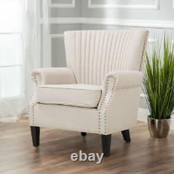 Beige Fabric Upholstered Wingback Armchair Fireside Lounge Single Sofa Couch UK