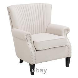 Beige Fabric Upholstered Wingback Armchair Fireside Lounge Single Sofa Couch UK