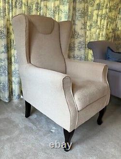 Beige Mulberry wing back fireside chair used with care and fire labels