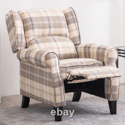 Beige Tartan Fabric Recliner Wing Back Chair Armchair Lazy Fireside Sofa Sleeper