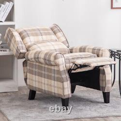 Beige Tartan Fabric Recliner Wing Back Chair Armchair Lazy Fireside Sofa Sleeper