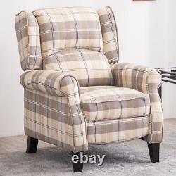 Beige Tartan Fabric Recliner Wing Back Chair Armchair Lazy Fireside Sofa Sleeper