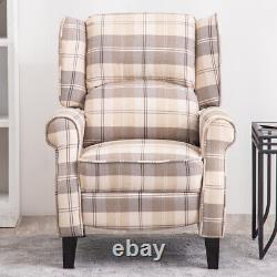 Beige Tartan Fabric Recliner Wing Back Chair Armchair Lazy Fireside Sofa Sleeper