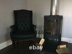 Black Antique Style High Back Chair Winged Armchair Fireside Queen Anne Leather