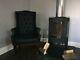 Black Antique Style High Back Chair Winged Armchair Fireside Queen Anne Leather