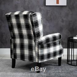 Black Check Recliner Armchair Wing Back Fireside Check Fabric Sofa Lounge Chair