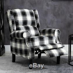 Black Check Recliner Lounge Chair Armchair Sofa Wing Back Fabric Fireside Home