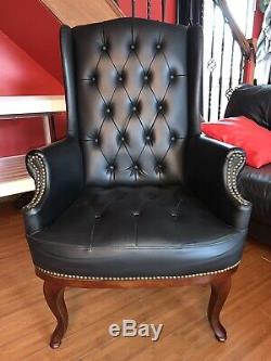 Black Leather Chesterfield Queen Anne Style Highback Armchair Wingback Fireside
