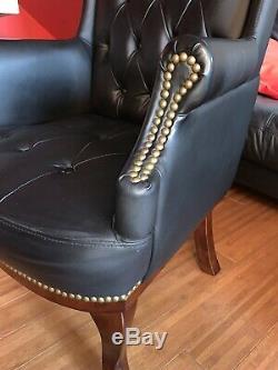 Black Leather Chesterfield Queen Anne Style Highback Armchair Wingback Fireside