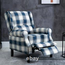Blue Check Recliner Lounge Chair Armchair Sofa Wing Back Fabric Fireside Home