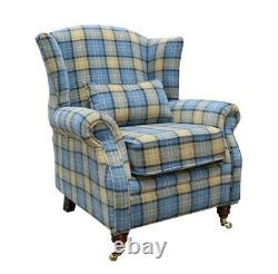Blue Lana Tartan Fireside Queen Anne High Back Checked Fabric Wing Chair
