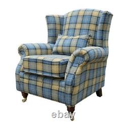 Blue Lana Tartan Fireside Queen Anne High Back Checked Fabric Wing Chair