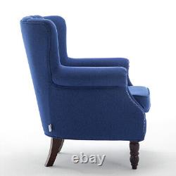 Blue Linen Wing Back Chair Queen Anne Style Accent Tub Chair Fireside LivingRoom