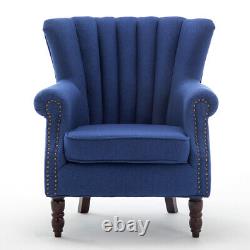 Blue Linen Wing Back Chair Queen Anne Style Accent Tub Chair Fireside LivingRoom