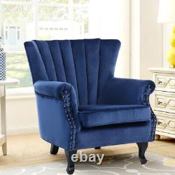 Blue Occasional Velvet Wing Back Queen Anne Lounge Armchair Sofa Fireside Chair