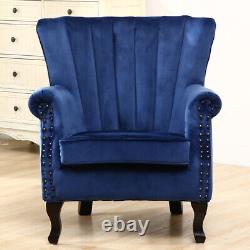Blue Occasional Velvet Wing Back Queen Anne Lounge Armchair Sofa Fireside Chair