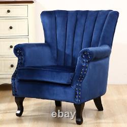 Blue Velvet High Back Chair Chesterfield Wingback Fireside Armchair Snuggle Sofa