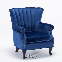 Blue Velvet High Back Chair Chesterfield Wingback Fireside Armchair Snuggle Sofa