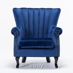 Blue Velvet High Back Chair Chesterfield Wingback Fireside Armchair Snuggle Sofa