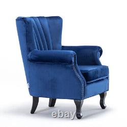 Blue Velvet High Back Chair Chesterfield Wingback Fireside Armchair Snuggle Sofa