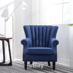 Blue Wing Back Chair Upholstered Stud Rivet Retro Armchair Queen Fabric Fireside
