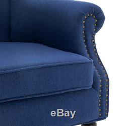 Blue Wing Back Chair Upholstered Stud Rivet Retro Armchair Queen Fabric Fireside