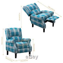 Blue Wing Back Fireside Check Fabric Recliner Armchair Sofa Lounge Cinema Chair