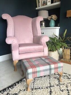 Blush Pink Velvet Wingback Fireside Queen Anne Armchair with Oak Legs